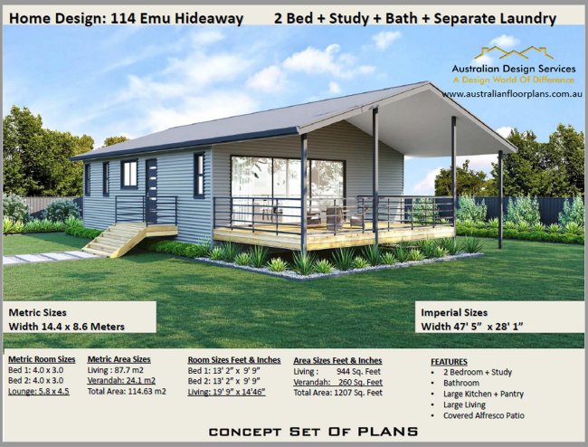 2 Bedroom Plan:Home Design: 114 Emu